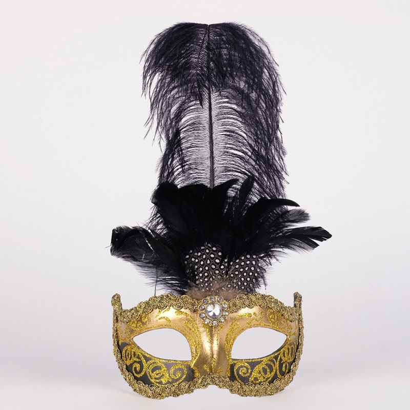 Venetiansk mask med fjäder Guld svart