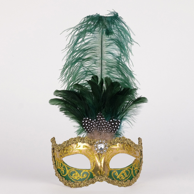 Venetiansk mask med fjäder Guld grönt