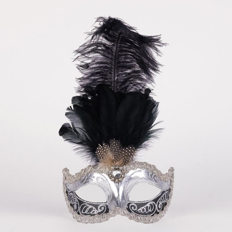 Venetiansk mask med fjäder Silver svart