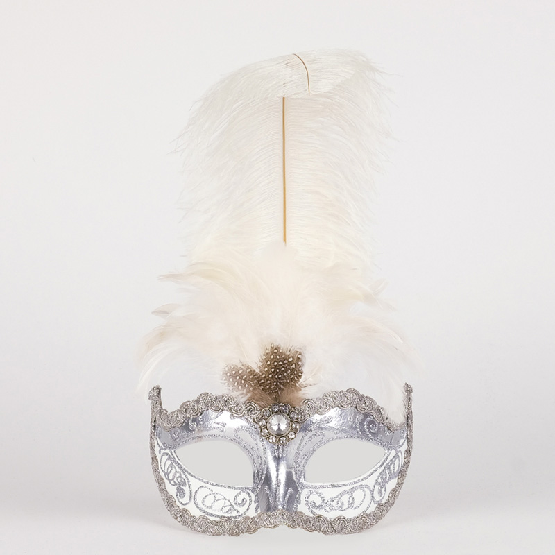 Venetiansk mask med fjäder Silver vit